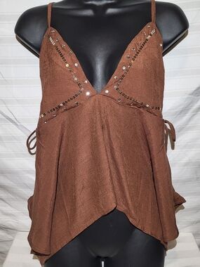 Speed Limit MPH Brown Sequin-Embellished Spaghetti Strap Top